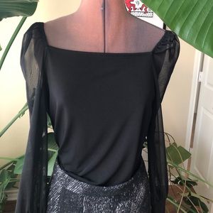 TAHARI BLACK SQUARE NECK MESH SLEEVES BLOUSE SIZE S